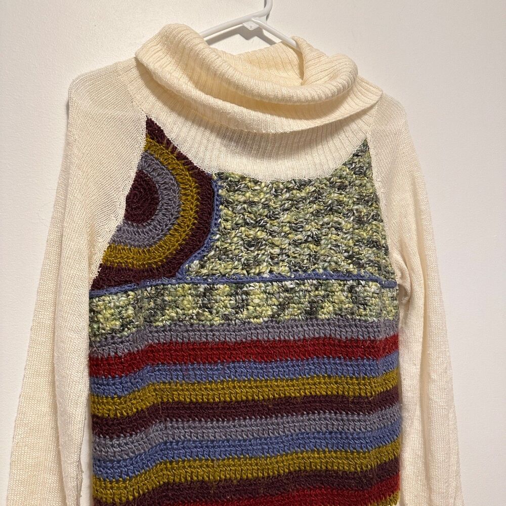 Desigual Womens Sz 4 CowlNeck Patchwork Crochet Sweater Funky Knit Whimsical Art - Picture 3 of 8